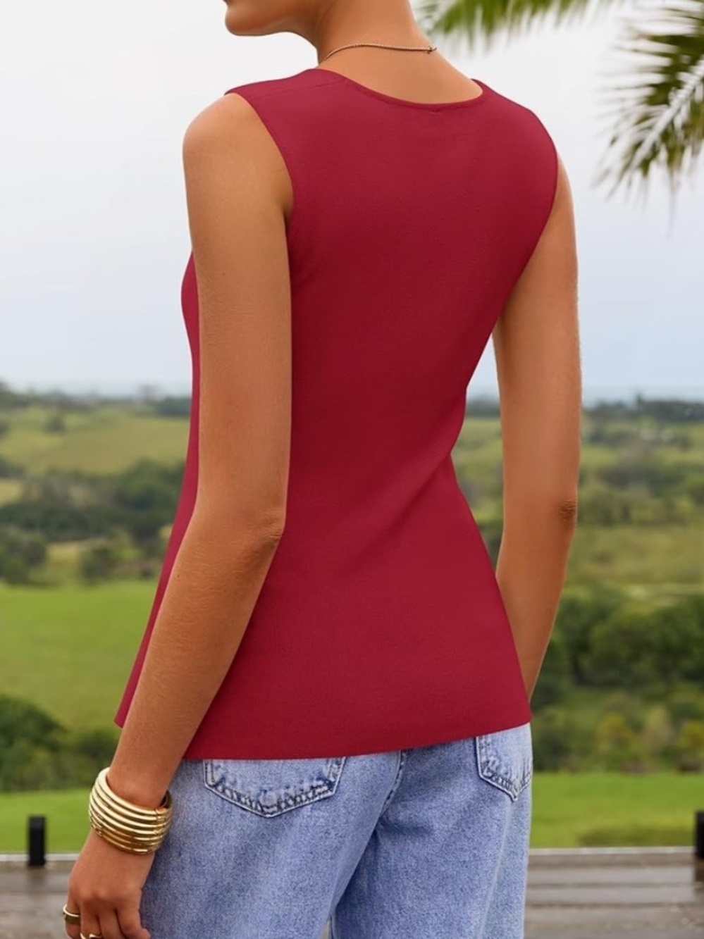 Women's Square Neck Ribbed Button Tank Top - Red - Picture 2 of 4